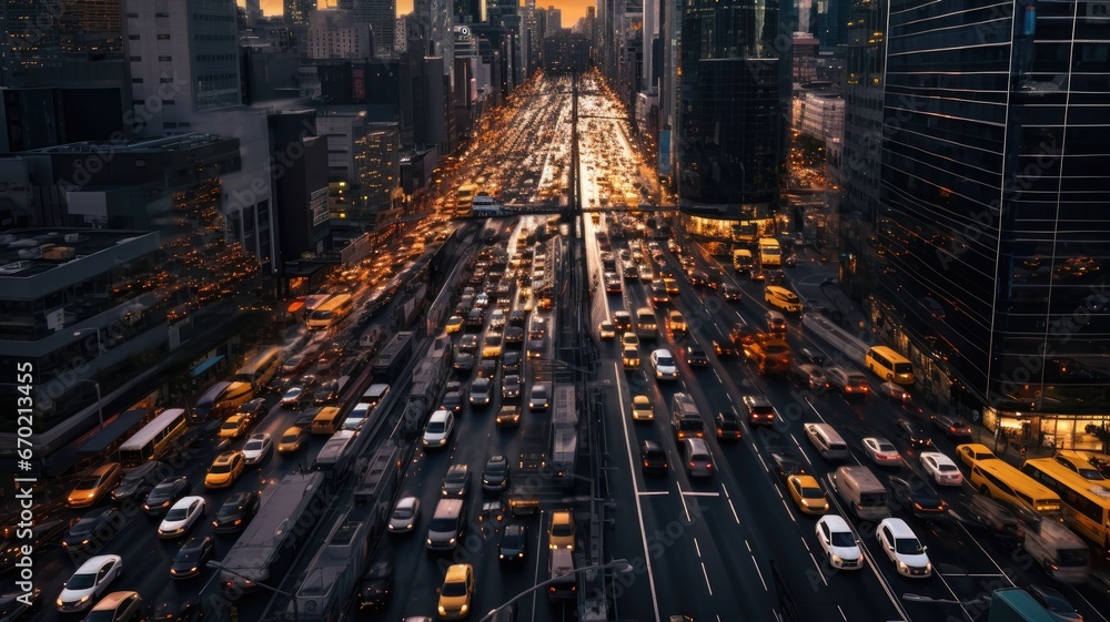 the bustling chaos of a rush-hour traffic jam, where countless cars navigate congested roads, the hectic energy of urban life. the bustling chaos of a rush-hour traffic jam, where countless cars navigate congested roads, the hectic energy of urban life.