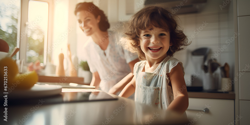 Close up portrait of cute boy with his mother in the kitchen, cooking food together Close up portrait of cute boy with his mother in the kitchen, cooking food together