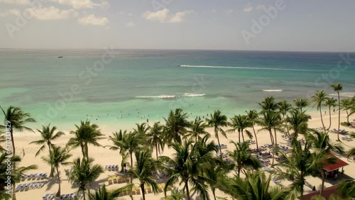 Caribbean White Sand Beach on a Tropical Island with Palm Trees and Blue Water (Aerial Drone View in 4k)