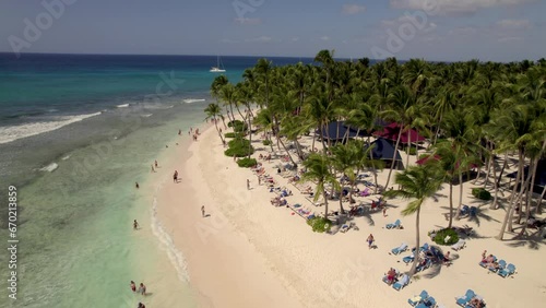 Caribbean White Sand Beach on a Tropical Isla Saona Island with Palm trees and Blue Water (Aerial Drone View in 4k)