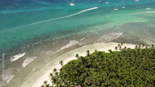 Caribbean White Sand Beach on a Tropical Isla Saona Island with Palm trees and Blue Water (Aerial Drone View in 4k)