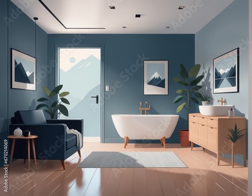 modern interior design of living room with blue and white tones. 3D illustration modern interior design of living room with blue and white tones. 3D illustration modern interior with blue bathroom and