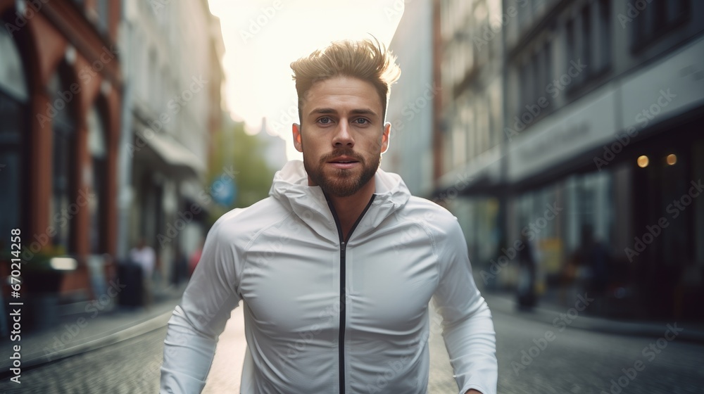 Fototapeta premium Young man is jogging outside