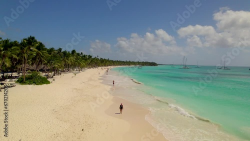 Caribbean White Sand Beach on a Tropical Isla Saona Island with Palm trees and Blue Water (Aerial Drone View in 4k)