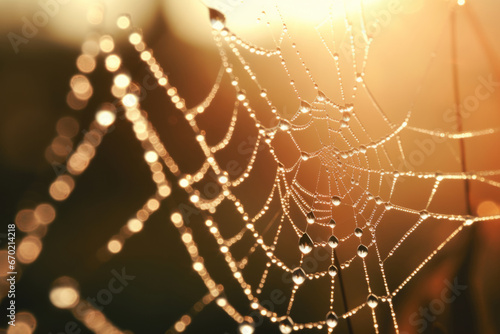 Cold dew condensing on a spiderweb with morning light rays in the background. Generative AI © barmaleeva