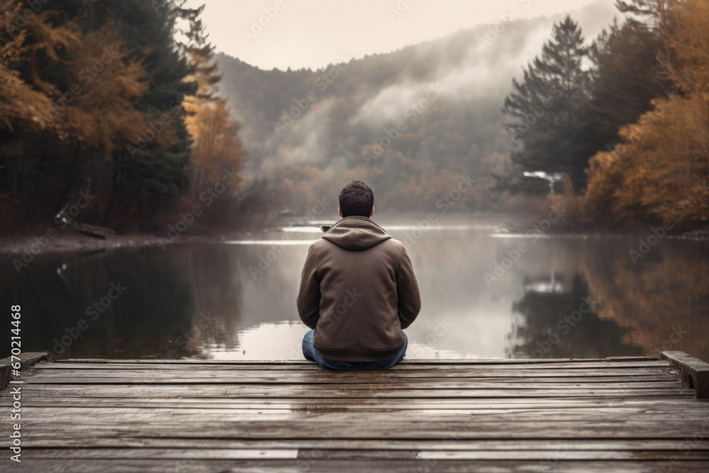 Man in jacket sitting on the small bridge with a view on beautiful lake, back view. Generative AI Man in jacket sitting on the small bridge with a view on beautiful lake, back view. Generative AI