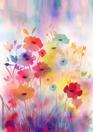 watercolor illustration background of beautiful flowers in a very loose and handmade style  with bright gradients and loose watercolor washes.