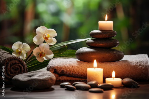 Massage stones with towels and candles in natural background. SPA concept. Generative AI