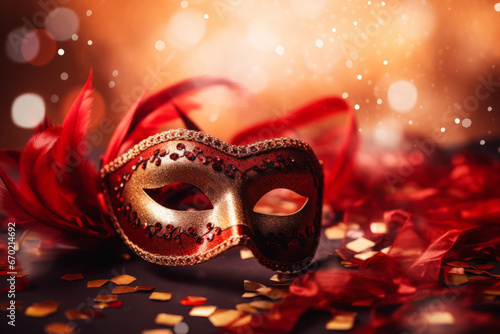 Red carnival mask. Streamers and confetti on colorful background. Carnival masquerade fantasy costume ball. Generative AI © barmaleeva
