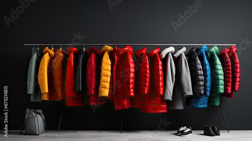 various warm jackets neatly arranged on a stylish rack within an elegant room interior. The juxtaposition of fashion and decor speaks to the essence of modern living.