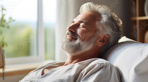 Adult man sleeps peacefully with a smile in bed in the morning. Relax time