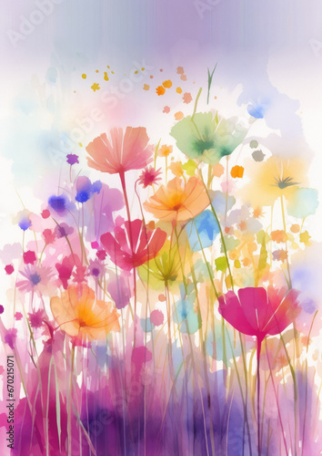 watercolor illustration background of beautiful flowers in a very loose and handmade style, with bright gradients and loose watercolor washes. © dreamalittledream