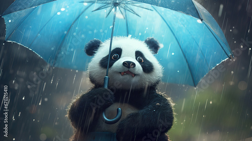Leinwand Poster an epic position showing a cute panda holding an umbrella in rain, photorealisti