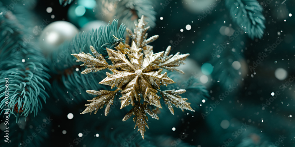 metallic christmas Snowflake hanging on christmas Tree.Winter holidays background. Christmas tree decoration. Generatvie AI