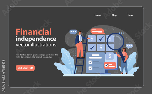 Financial independence, FIRE night mode or dark mode web banner or landing page. Money, assets savings and investment for early retirement. Financial literacy and budgeting. Flat vector illustration