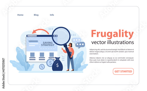 Frugality web banner or landing page. Financial crisis. Young woman study money savings strategy. Personal budget planning and financial well-being. Flat vector illustration