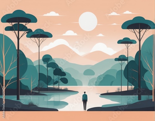 vector flat illustration of a man in the forest vector flat illustration of a man in the forest beautiful landscape with a lake and trees