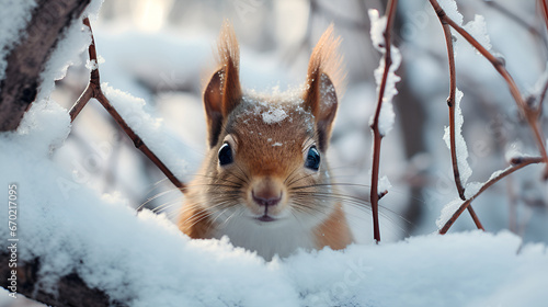Squirrel in Snowy Branches. Generative AI © eleonora_os