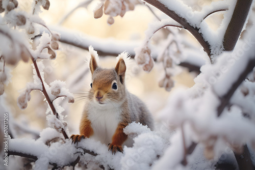 Squirrel in Snowy Branches. Generative AI