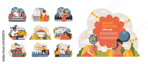 Music Festival set. Vibrant concert moments captured with artists performing, tickets sales, and festival lineup promotions. Enthusiastic crowd, live broadcast, outdoor ambiance. vector illustration