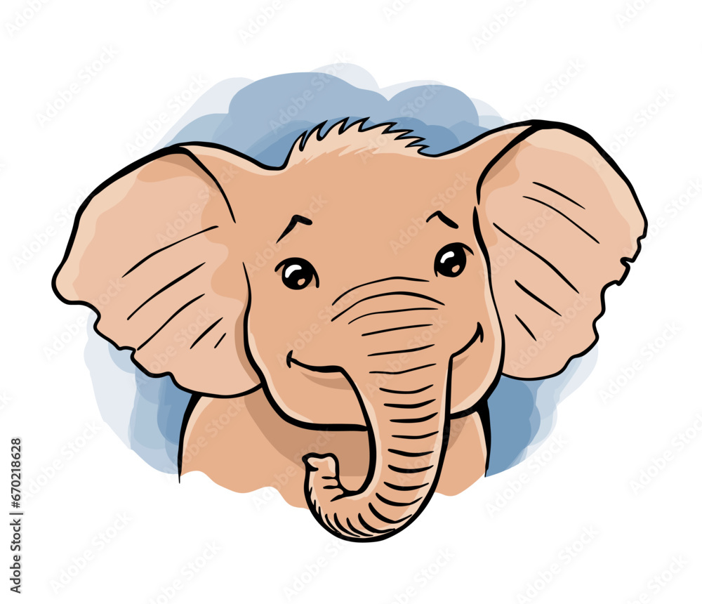 Portrait of a cute baby elephant. Happy smile on face. Friendly children character. African wild animal. Cartoon vector illustration isolated on white background. Hand drawn line Portrait of a cute baby elephant. Happy smile on face. Friendly children character. African wild animal. Cartoon vector illustration isolated on white background. Hand drawn line