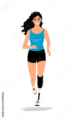 A girl athlete with a bionic prosthetic leg. Exercise running. Recovery and medical and rehabilitation. A fulfilling and happy lifestyle. Vector illustration