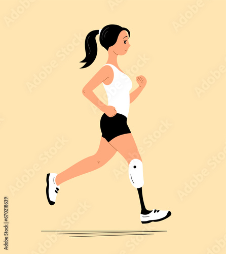 A girl athlete with a bionic prosthetic leg. Exercise running. Recovery and medical and rehabilitation. A fulfilling and happy lifestyle. Vector illustration