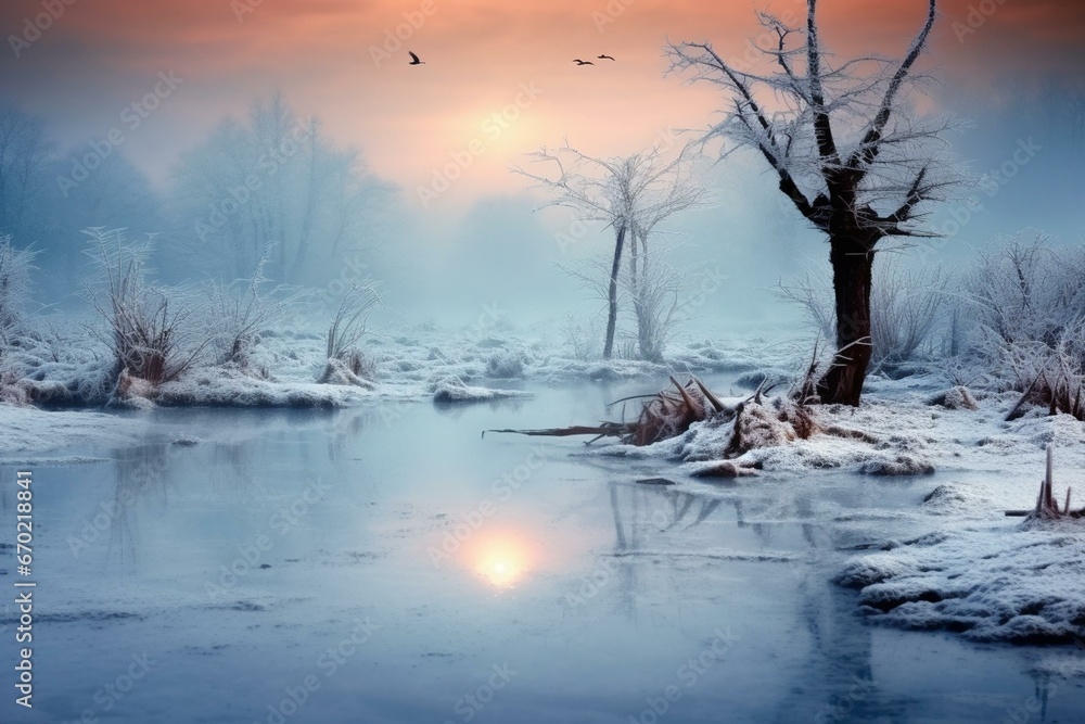 Mystical frozen scenery: tranquil foggy environment. Generative AI