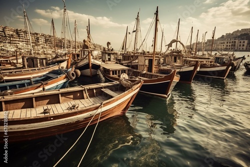 Traditional fishing vessels in a Turkish port. Generative AI