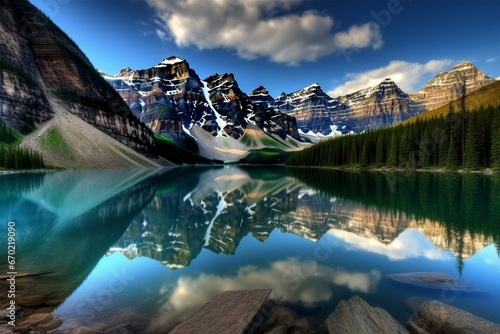 A serene lake reflecting the majestic mountains surrounding it. Generative AI