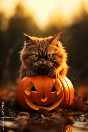 halloween cat with pumpkin - generative ai
