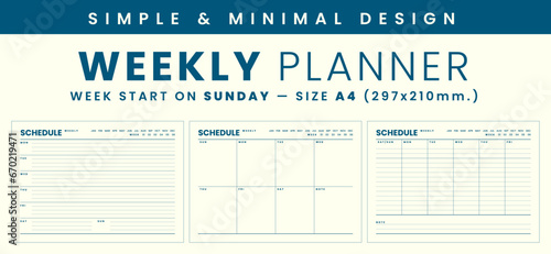 Weekly planner template simple and minimal design, start week on sunday, size A4