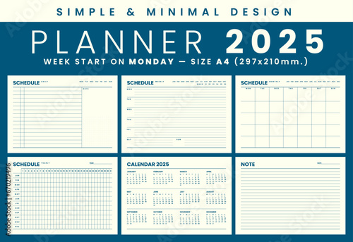 2025 Monthly planner template simple and minimal design, start week on monday, size A4 photo