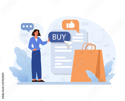 E-commerce. Female character shopping online. Woman purchasing goods on a website or marketplace. Order or purchase payment, shipping or delivery. Flat vector illustration
