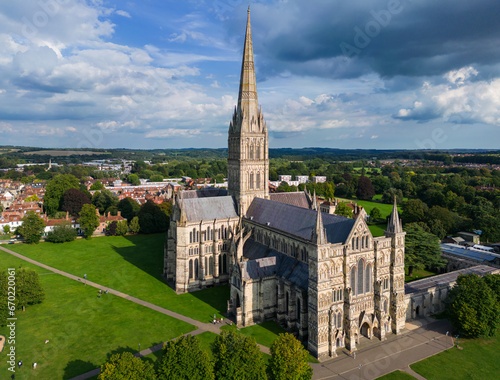 Stunning aerial view of the spectacular historical Salisbury Cathedral with the tallest spire, Salisbury, England, UK.