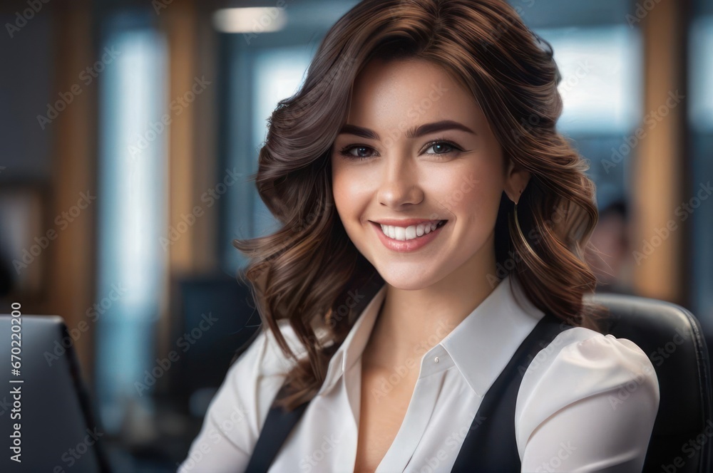 Portrait of attractive cheerful brown-haired girl leader partner top director startup developer in modern office. Close up of smiling young adult girl with blurred open space background. Portrait of attractive cheerful brown-haired girl leader partner top director startup developer in modern office. Close up of smiling young adult girl with blurred open space background.