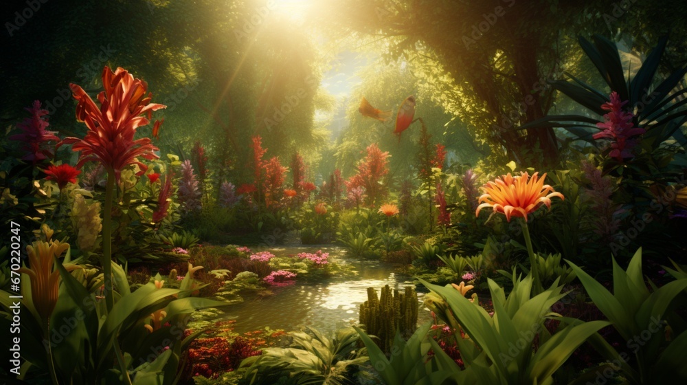 A surreal garden in full ultra HD, where exotic, vibrant flowers bloom under the golden sunlight, casting intricate shadows on the lush greenery.