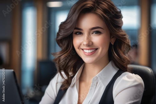 Free Download Portrait of attractive cheerful brown-haired girl leader partner top director startup developer in modern office. Close up of smiling young adult girl with blurred open space background. - GFXLoad