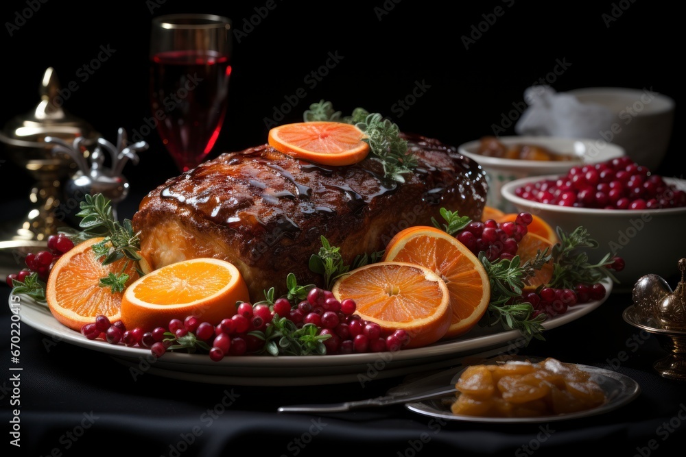 Festive Christmas dinner table, showcasing the culinary delights and holiday decor in exquisite detail.