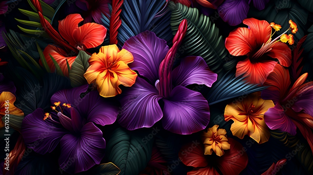 Bold and exotic floral  pattern on dark background