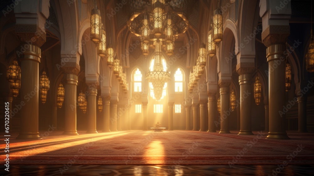 Beautiful mosque, light falling through the windows, Muslim holiday.