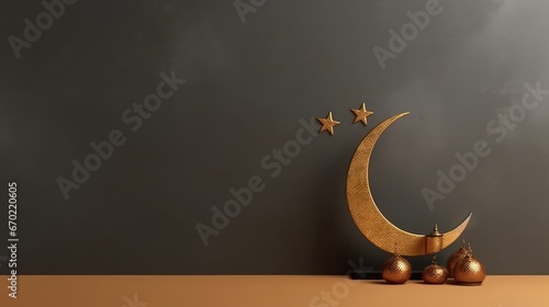 Eid Mubarak, Muslim holiday, crescent and star, space for text, studio background.