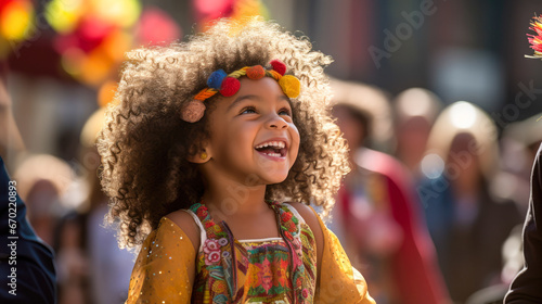 A little girl is wearing a beautiful dress and smiling at a crowd.