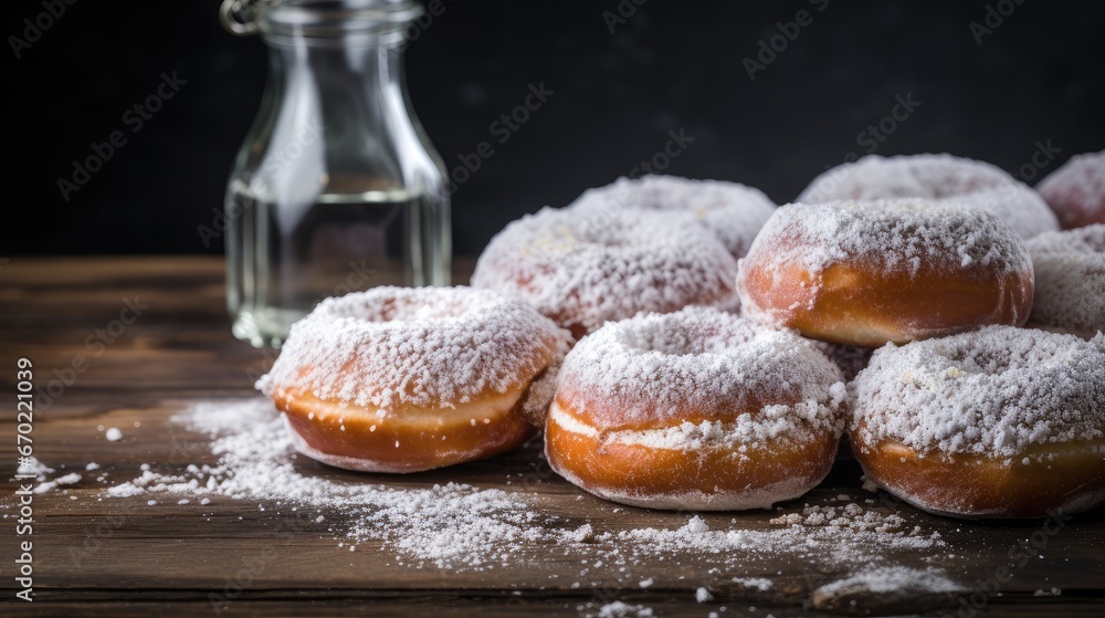 delectable Hanukkah doughnuts filled with sweet jelly and dusted with sugar powder, artfully arranged on a grey wooden table. Plenty of space on the left for your message. delectable Hanukkah doughnuts filled with sweet jelly and dusted with sugar powder, artfully arranged on a grey wooden table. Plenty of space on the left for your message.