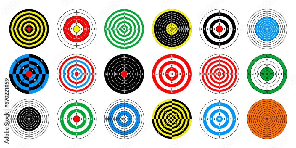 Shooting range paper targets. Round target with divisions, marks and numbers. Archery, gun shooting practise and training, sport competition and hunting. Bullseye and aim. Vector illustration Shooting range paper targets. Round target with divisions, marks and numbers. Archery, gun shooting practise and training, sport competition and hunting. Bullseye and aim. Vector illustration
