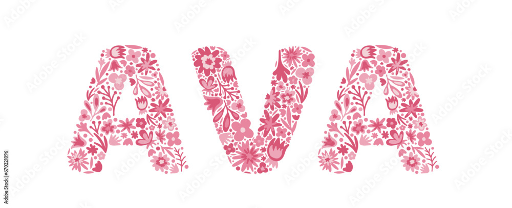 Ava. Female name. Girl name is written by floral letters. Flower pink alphabet. Doodle. Vector Ava. Female name. Girl name is written by floral letters. Flower pink alphabet. Doodle. Vector