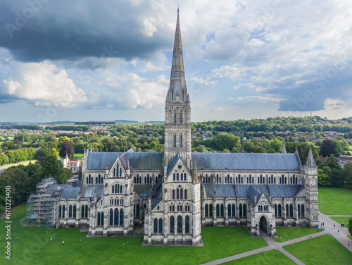 Stunning aerial view of the spectacular historical Salisbury Cathedral with the tallest spire, Salisbury, England, UK. photo