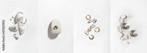 Jewelry made of gold and silver on a white background. Stylish compositions with hard shadows and natural stones. 