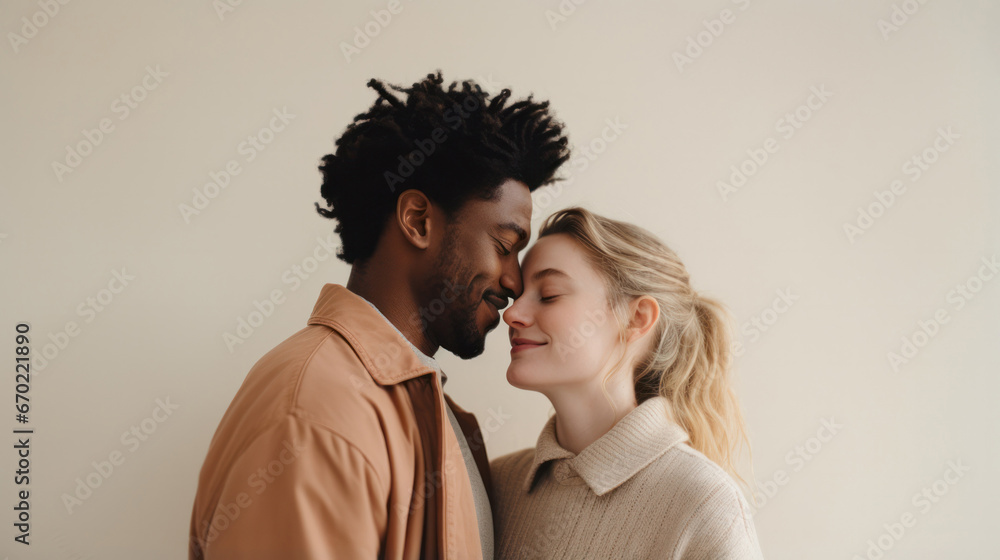 Isolated Multiracial Loving Couple Embracing in Neutral Attire - Diversity, Love, and Freedom Concept Isolated Multiracial Loving Couple Embracing in Neutral Attire - Diversity, Love, and Freedom Concept