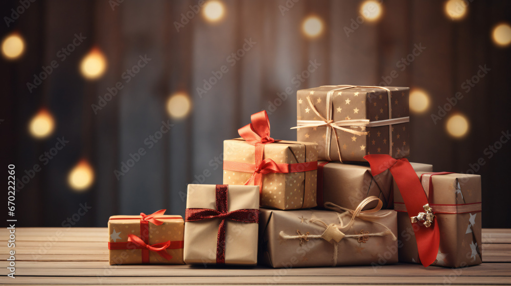 Heap of wrapped gift boxes on wooden table. Happy holiday - obrazy, fototapety, plakaty 